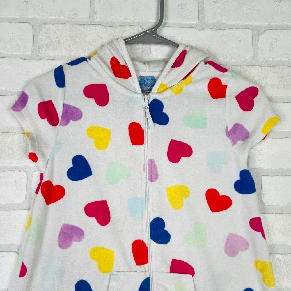 Wonder Nation Kids Terry Cloth Heart Print Zip Up Hooded Cover Up White L 10-12